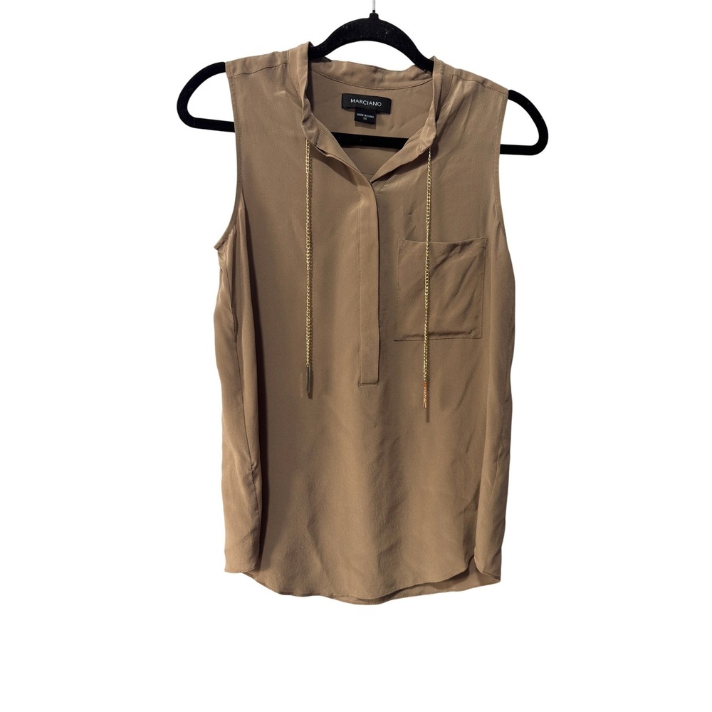 Marciano Women Taupe‎ 100% Silk Sleeveless Blouse Gold Chain Detail XS